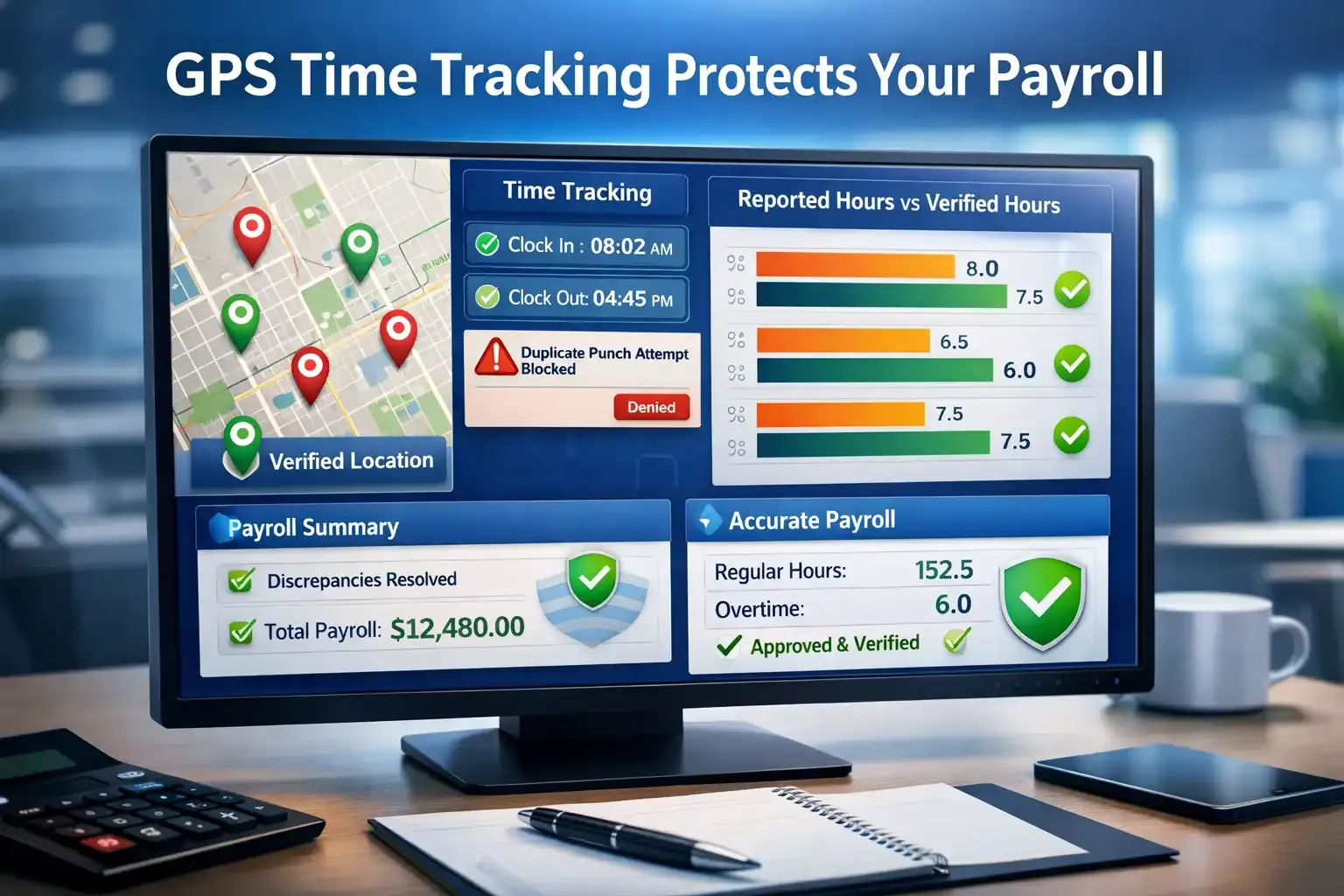 GPS time tracking dashboard showing verified hours and payroll accuracy